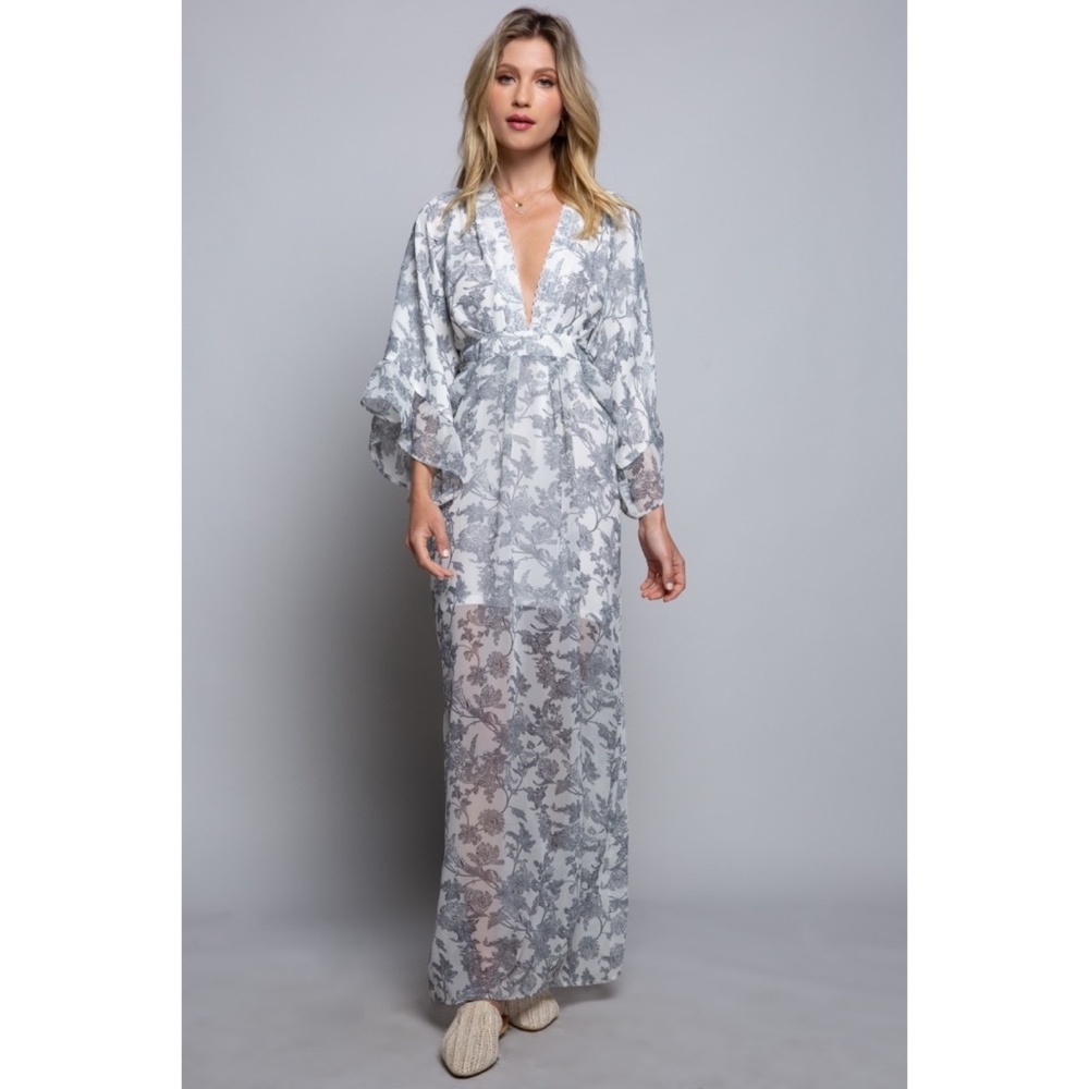POL Gray Floral Print Plunge Neck Kimono Maxi Dress - Picture 7 of 7
